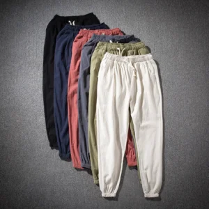 Cotton Linen Harem Pants Men Elastic Waist Baggy Streetwear Joggers Casual Trousers