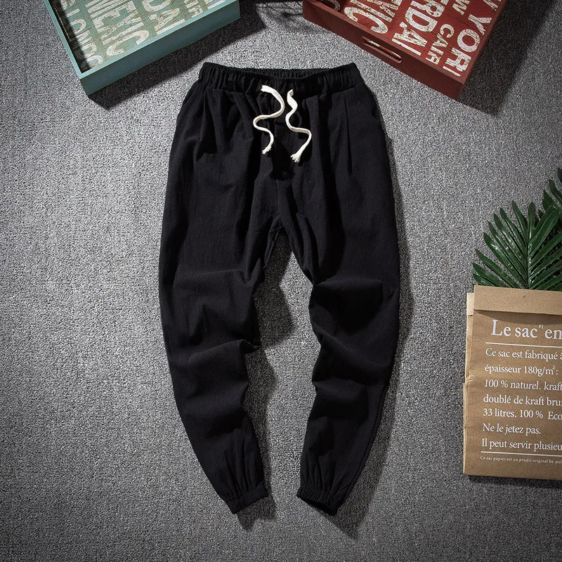 Cotton Linen Harem Pants Men Elastic Waist Baggy Streetwear Joggers Casual Trousers - Image 2