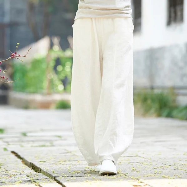 Cotton Linen Wide Leg Vintage Full Length Elastic Waist Pants Women - Image 6