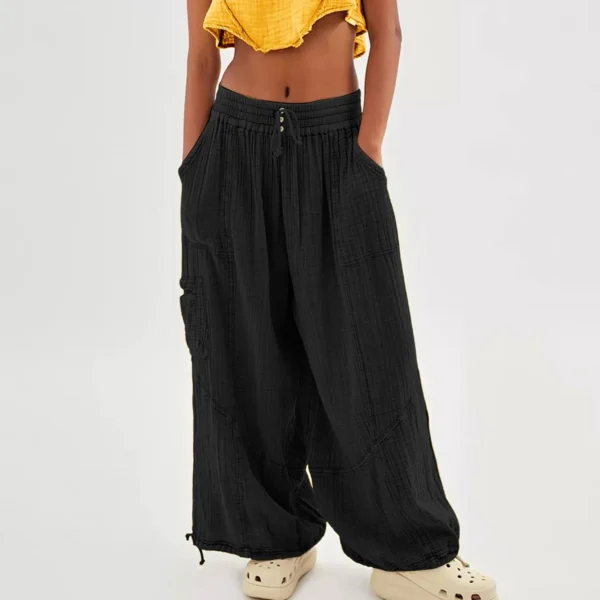 Women Cropped Linen Pants Elastic Waist Loose Wide Leg Trousers - Image 5