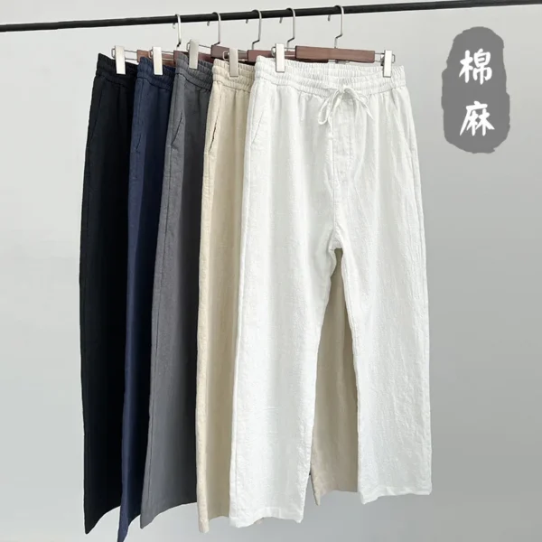 Men's Summer Cotton Linen Pants Casual Loose Straight Trousers
