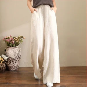 Casual Cotton Linen Wide Leg Loose Pants Women Vintage Summer