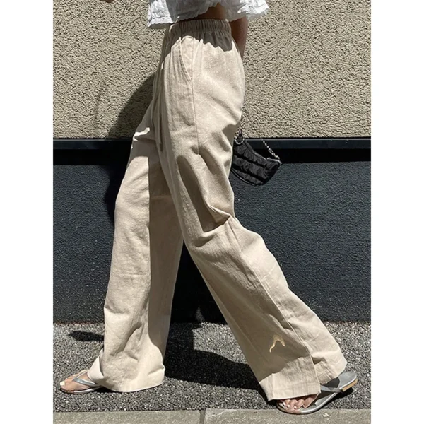 Women’s Cotton Linen High Waist Drawstring Casual Korean Trousers - Image 3