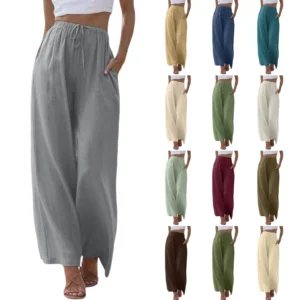 Women High Waisted Wide Leg Pants Drawstring Cotton Linen Casual Trousers