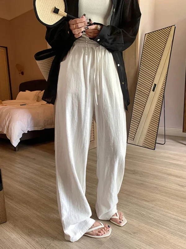 Women’s White Cotton Linen Wide Leg High Waist Pants Summer - Image 2