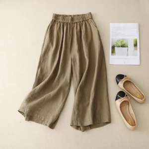 Women’s Summer Cotton Linen Straight Wide-Leg Retro Elegant Pants