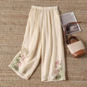 Women’s Retro Embroidered Cotton Linen Wide Leg Casual Pants