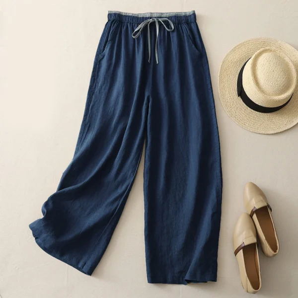 Women’s Summer Cotton Linen High Waist Colorblock Wide Leg Pants - Image 2