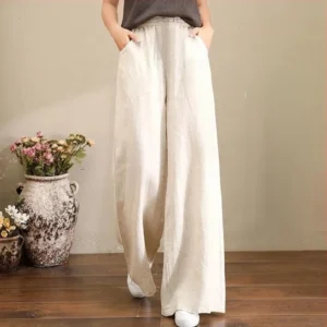 Women Cotton Linen Wide Leg Pants Loose Casual Elastic Waist Trousers