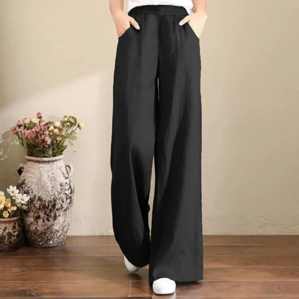 Women Cotton Linen Wide Leg Pants Loose Casual Elastic Waist Trousers - Image 4