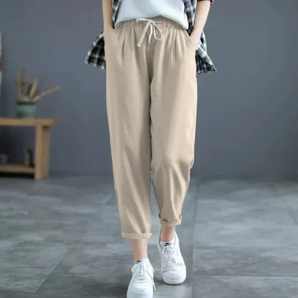 Summer Cotton Linen Cropped Pants Women Casual Elastic Waist Slimming - Image 4