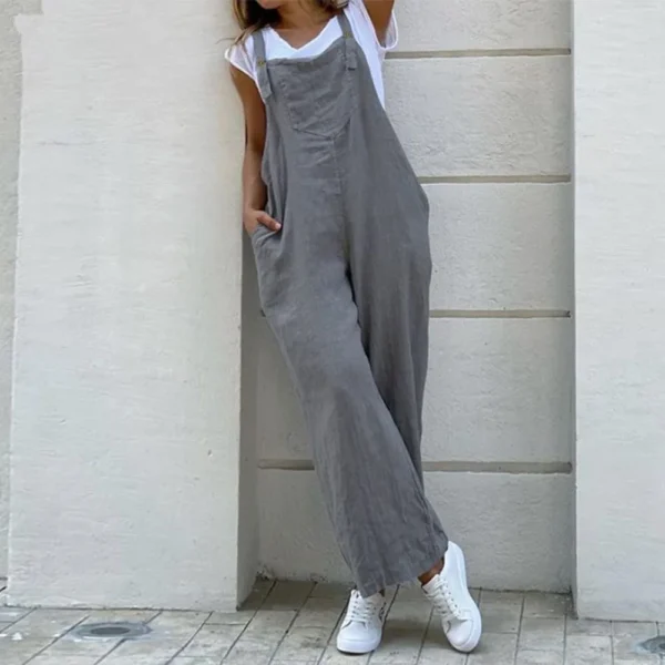 Women Cotton Linen Wide Leg Overalls Adjustable Strap Pocket Pants Summer - Image 4