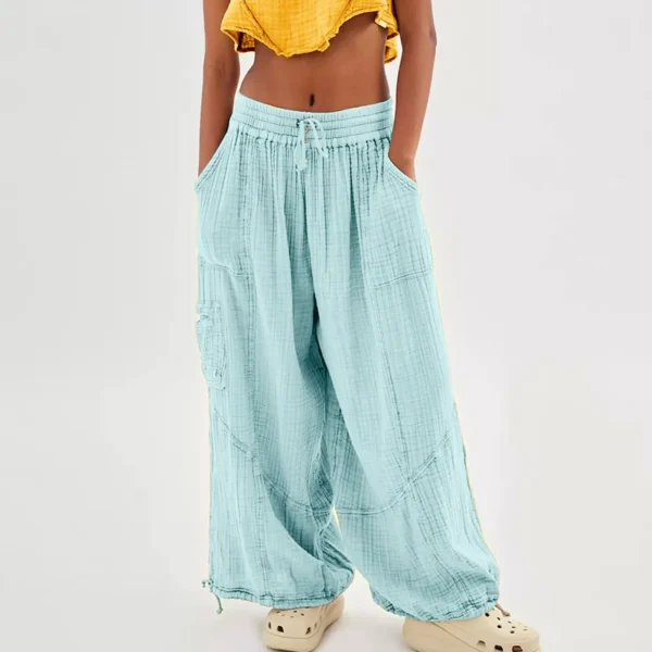 Women Cropped Linen Pants Elastic Waist Loose Wide Leg Trousers - Image 2