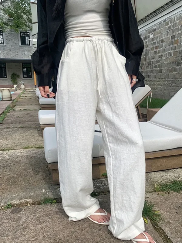 Women’s White Cotton Linen Wide Leg High Waist Pants Summer - Image 3