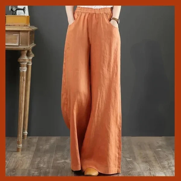Women Cotton Linen Wide Leg Pants Loose Casual Elastic Waist Trousers - Image 2