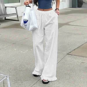White Tassel Edge Loose Straight Pants Women Y2K Summer Streetwear
