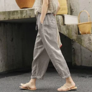 Women Casual Cropped Linen Pants Elastic Waist Wide Leg Trousers