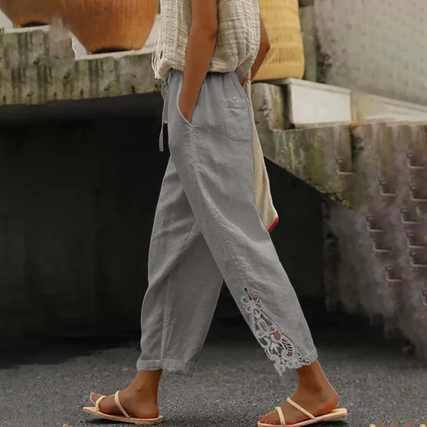 Linen Lace Spliced High Waisted Summer Pants With Pockets - Image 2