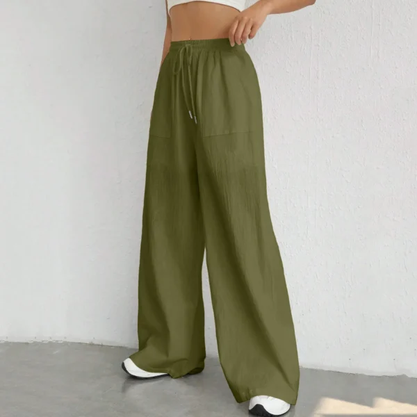 Women’s Cotton Linen Loose High Waist Drawstring Wide Leg Pants - Image 3