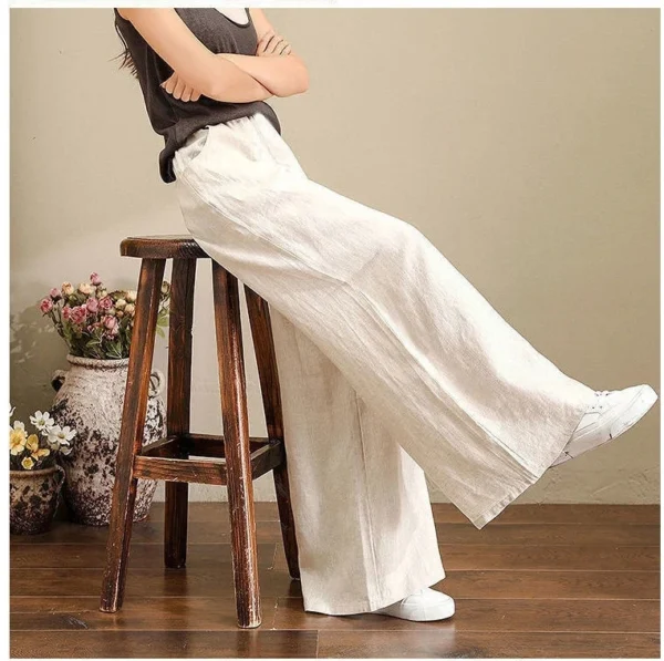 Women Cotton Linen Wide Leg Pants Loose Casual Elastic Waist Trousers - Image 3