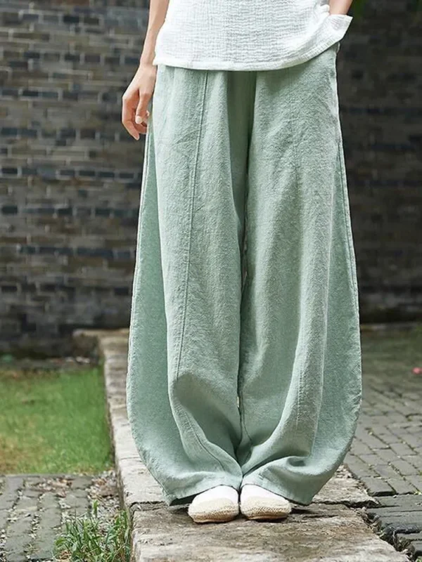 Women Vintage Cotton Linen Wide Leg Elastic Waist Bloomers Pants - Image 3