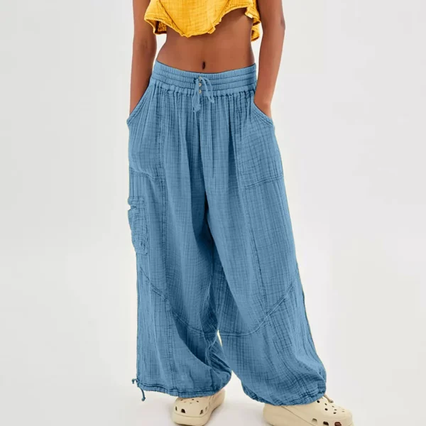 Women Cropped Linen Pants Elastic Waist Loose Wide Leg Trousers - Image 3