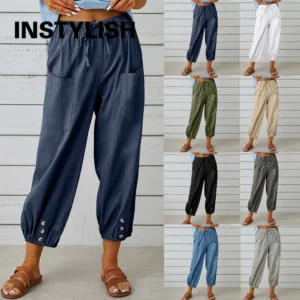 Harajuku High Waist Wide Leg Pants Women Cotton Linen Loose Trousers