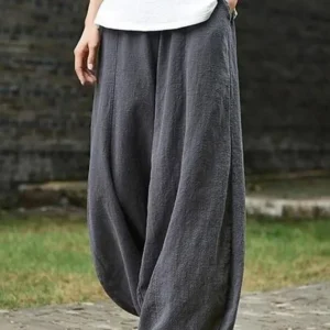 Women Vintage Cotton Linen Wide Leg Elastic Waist Bloomers Pants