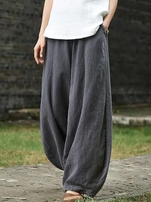 Women Vintage Cotton Linen Wide Leg Elastic Waist Bloomers Pants