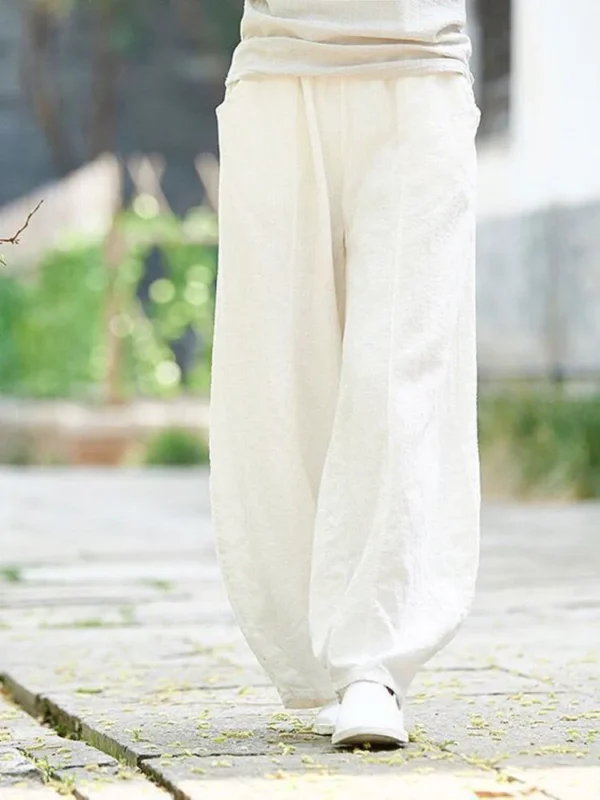 Women Vintage Cotton Linen Wide Leg Elastic Waist Bloomers Pants - Image 5