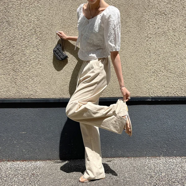 Women’s Cotton Linen High Waist Drawstring Casual Korean Trousers - Image 2