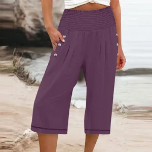 Women Cotton Linen Cropped Baggy Pants With Drawstring Waist