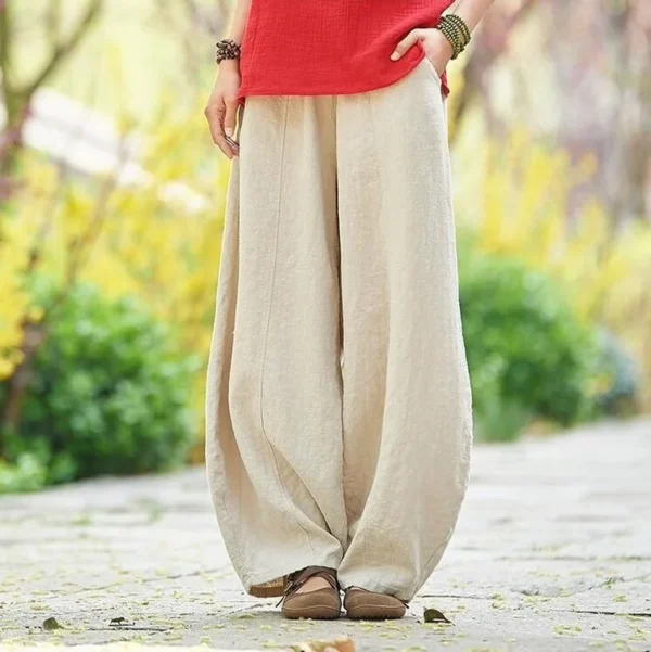 Cotton Linen Wide Leg Vintage Full Length Elastic Waist Pants Women - Image 3