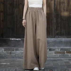 High Waist Cotton Linen Wide Leg Pants Women Casual Loose Trousers