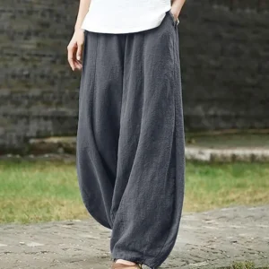 Spring Summer Cotton Linen Wide Leg Vintage Elastic Waist Pants