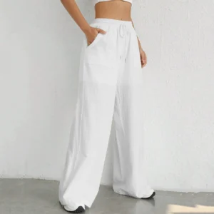 Women’s Cotton Linen Loose High Waist Drawstring Wide Leg Pants