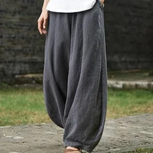 Cotton Linen Wide Leg Vintage Full Length Elastic Waist Pants Women