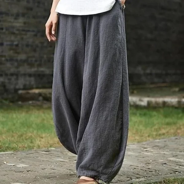 Cotton Linen Wide Leg Vintage Full Length Elastic Waist Pants Women