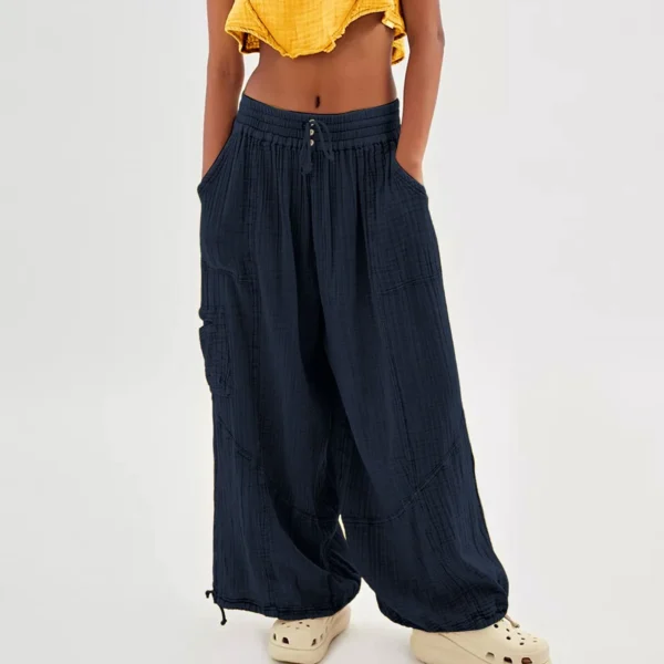 Women Cropped Linen Pants Elastic Waist Loose Wide Leg Trousers - Image 4