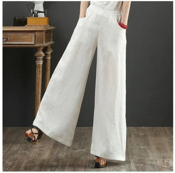 Women Cotton Linen Wide Leg Pants Loose Casual Elastic Waist Trousers - Image 5