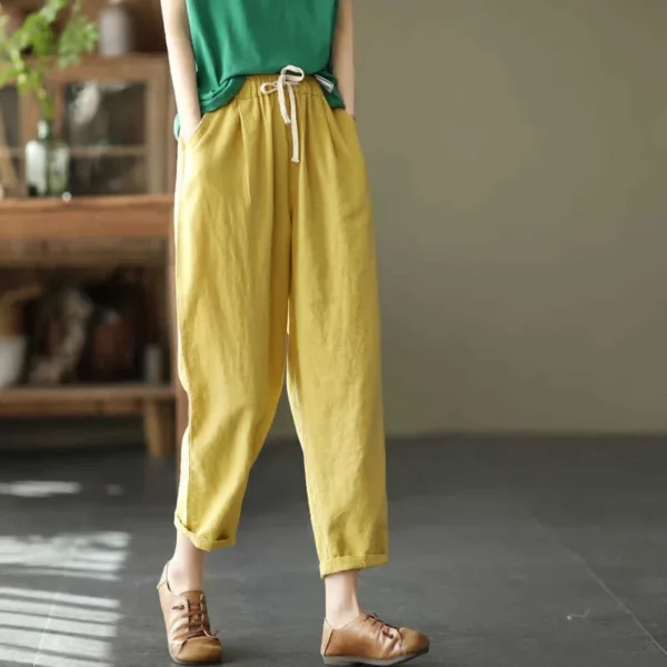 Summer Cotton Linen Cropped Pants Women Casual Elastic Waist Slimming - Image 2