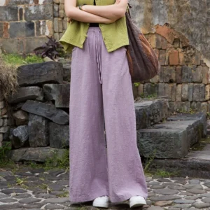 Cotton Linen Wide Leg Pants Women Vintage Loose Casual Spring Trousers