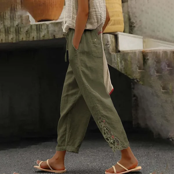 Linen Lace Spliced High Waisted Summer Pants With Pockets - Image 3