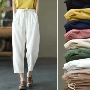Summer Cotton Linen Cropped Pants Women Casual Elastic Waist Slimming