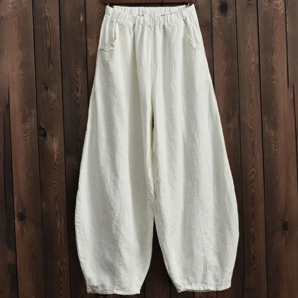 Spring Summer Cotton Linen Wide Leg Vintage Elastic Waist Pants - Image 2
