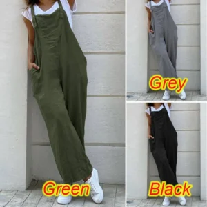 Women Cotton Linen Wide Leg Overalls Adjustable Strap Pocket Pants Summer