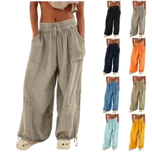 Women Cropped Linen Pants Elastic Waist Loose Wide Leg Trousers