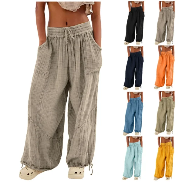 Women Cropped Linen Pants Elastic Waist Loose Wide Leg Trousers