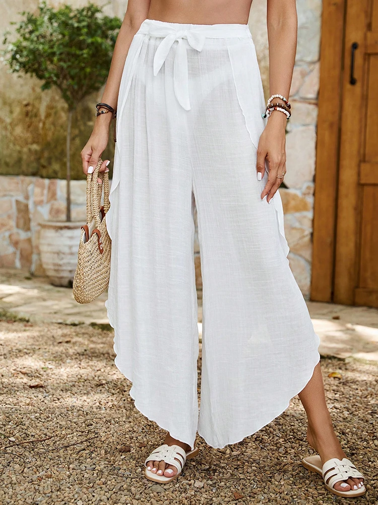 Wide Leg Long Beach Ruffle Pants – Sheer Mesh Summer Cover Up