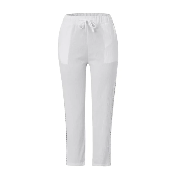 Women Cotton Linen Hollow Out Drawstring Wide Leg Beach Pants - Image 2